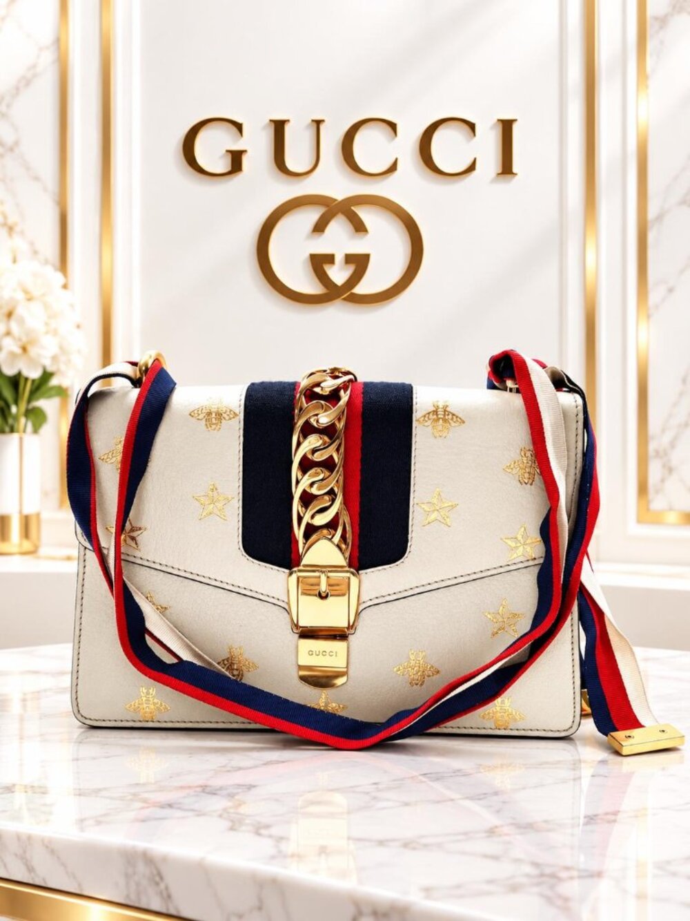 Authentic Gucci Sylvie Bee Star Leather Shoulder Bag Web Stripe Gold Chain White